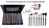 Kit 88 Cores Sombras 3d + Kit Com 12 Pincéis Profissionais